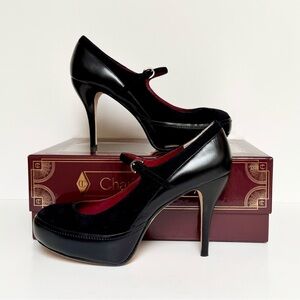 Max Studio Leather/Suede Black MaryJane Heels With Hidden Platform Size 8.5